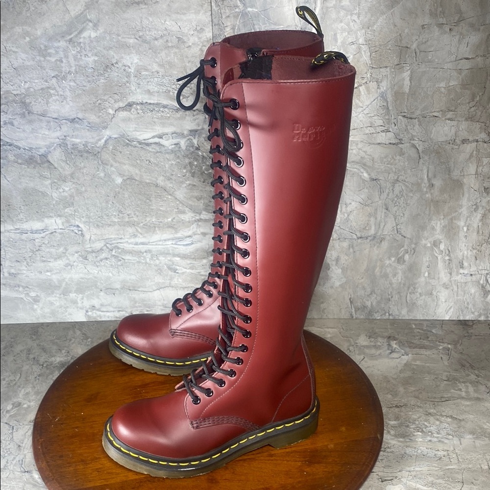 Dr.Martens Rare Smooth Cherry Red Leather 20-Eye Knee High Women’s Size 5 Boots
